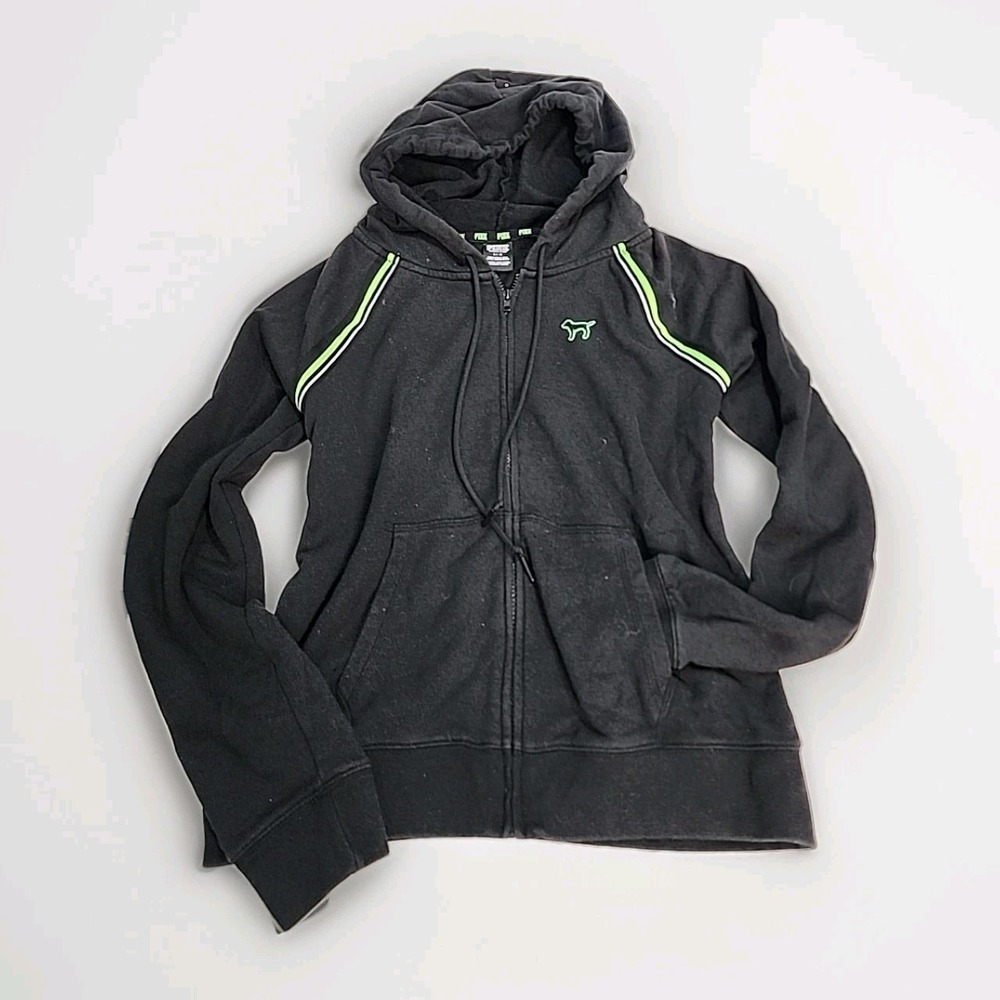 PINK Zip Up Hoodie Womens Large Black Neon Green Y2K Athleisure